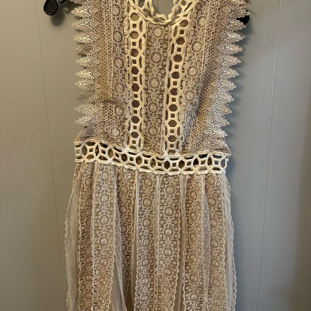 Free People Open Back Lace Dress in Cream and Tan